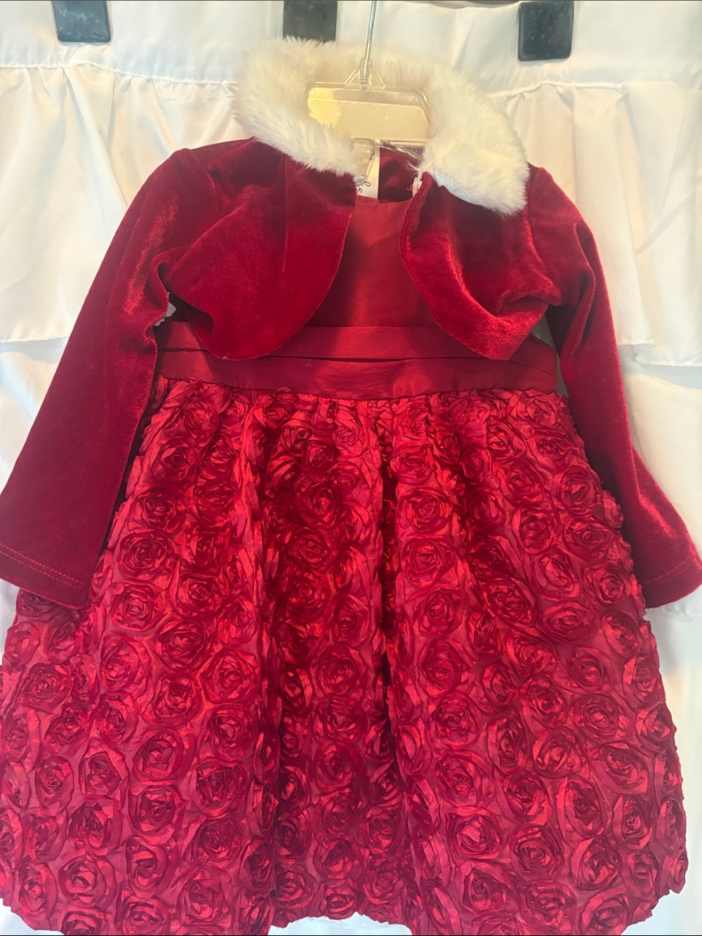 Cherokee Red Velvet Rosette Holiday Dress with Faux Fur Collar